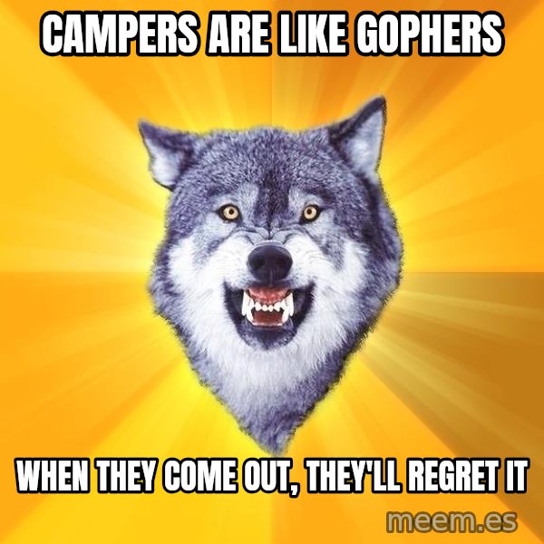 Courage Wolf meme: Campers are like gophers / when they come out, they'll regret it