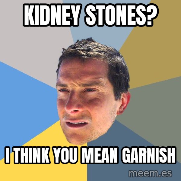 Bear Grylls meme: kidney stones? / I think you mean garnish