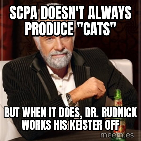 Dos Equis Man meme: SCPA DOESN'T ALWAYS PRODUCE "CATS" / bUT WHEN IT DOES, DR. RUDNICK WORKS HIS KEISTER OFF