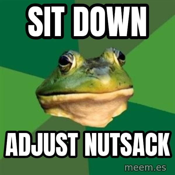 Foul Bachelor Frog meme: sit down / adjust nutsack