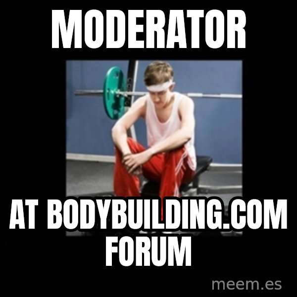 Annoying Gym Newbie meme: moderator / at bodybuilding.com forum