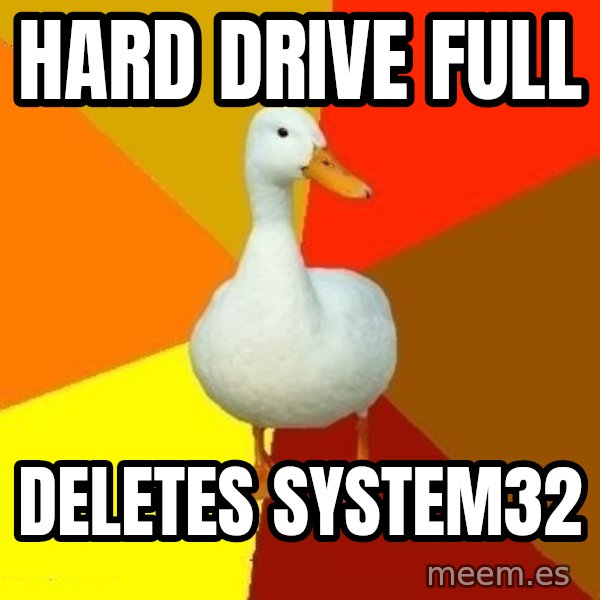 Technologically Impaired Duck meme: Hard drive full / deletes system32