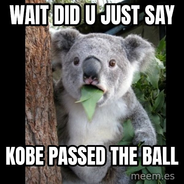 Koala can't believe it meme: WAIT DID U JUST SAY / KOBE PASSED THE BALL