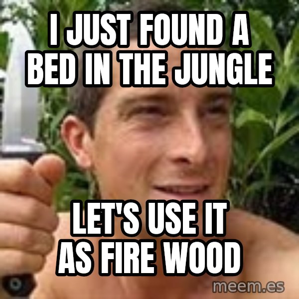 Bear Grylls meme: I Just found a bed in the jungle / let's use it as fire wood