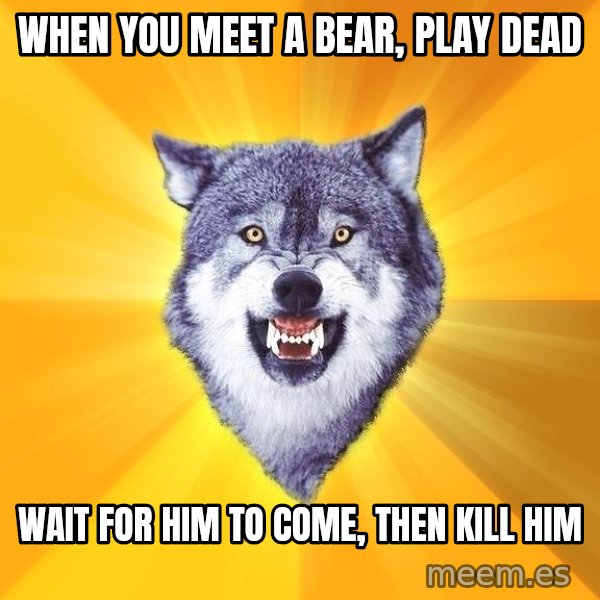Courage Wolf meme: When you meet a bear, play dead / WAIT FOR HIM TO COME, THEN KILL HIM