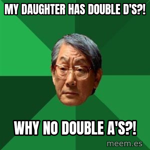 High Expectations Asian Father meme: MY DAUGHTER HAS DOUBLE D's?! / Why no double A's?!