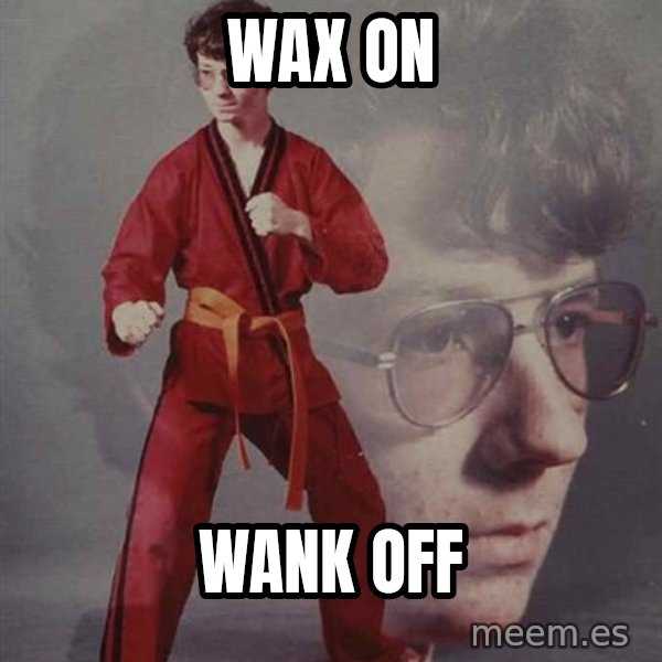 PTSD Karate Kyle meme: wax on / wank off