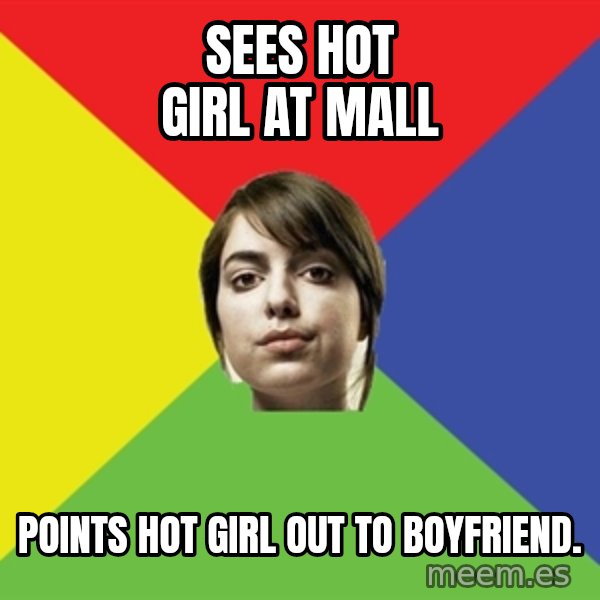 Non Jealous Girl meme: Sees hot girl at mall / points hot girl out to boyfriend.