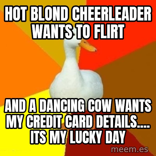 Technologically Impaired Duck meme: hot blond cheerleader wants to flirt / and a dancing cow wants my credit card details.... its my lucky day
