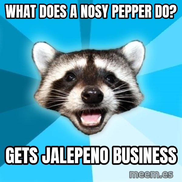 Lame Pun Coon meme: What does a nosy pepper do? / gets jalepeno business
