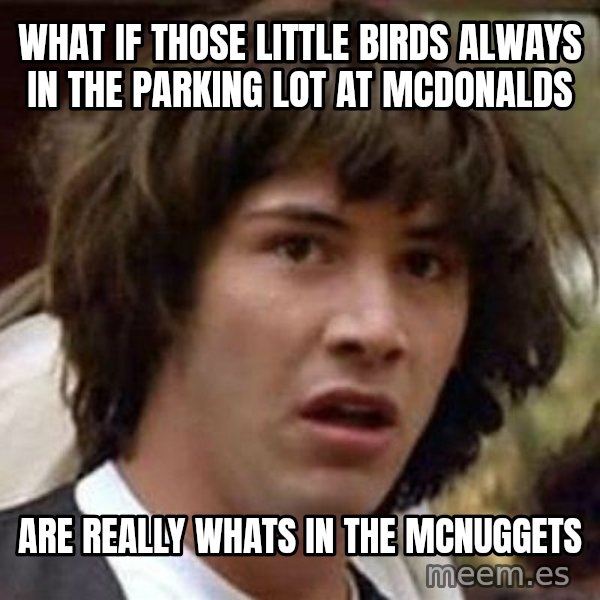 Conspiracy Keanu meme: what if those little birds always in the parking lot at mcdonalds / are really whats in the mcnuggets