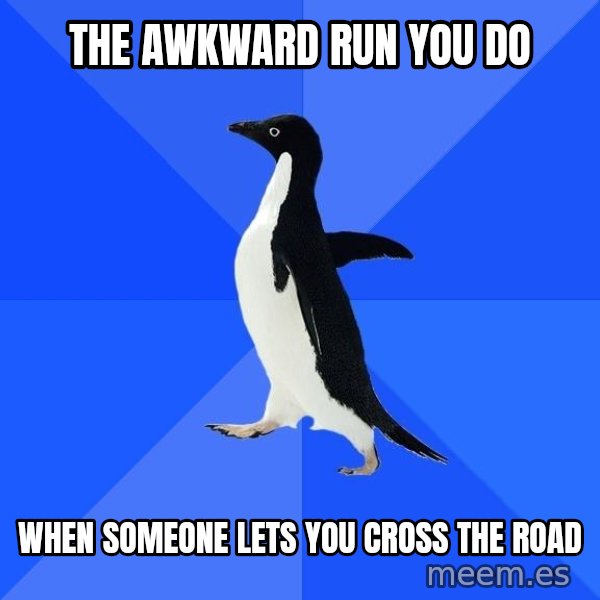 Socially Awkward Penguin meme: the awkward run you do / when someone lets you cross the road