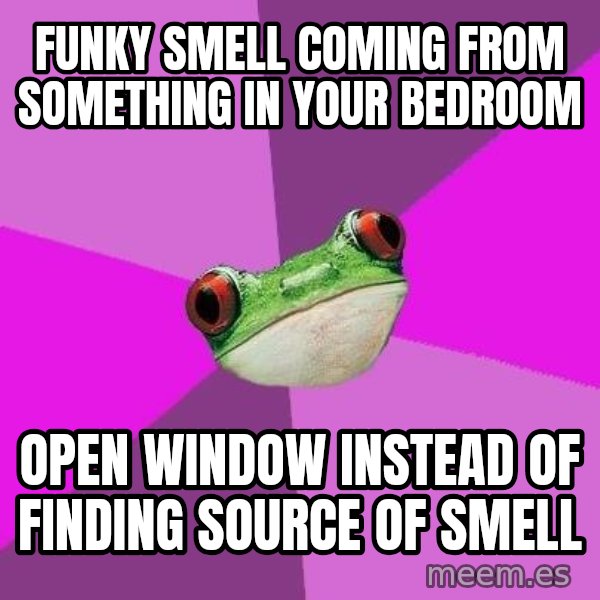 Foul Bachelorette Frog meme: funky smell coming from something in your bedroom / open window instead of finding source of smell