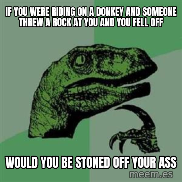 Philosoraptor meme: if you were riding on a donkey and someone threw a rock at you and you fell off / would you be stoned off your ass
