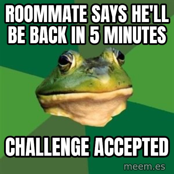 Foul Bachelor Frog meme: ROOMMATE says he'll be back in 5 minutes / Challenge accepted