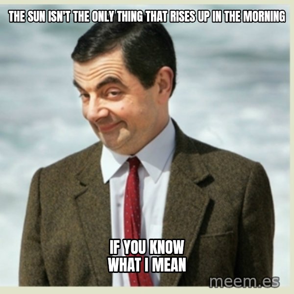 MR bean meme: The Sun isn't the only thing that rises up in the morning / If you know what I mean