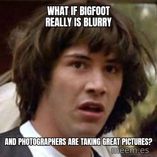 Conspiracy Keanu meme: what if bigfoot really is blurry / and photographers are taking great pictures?