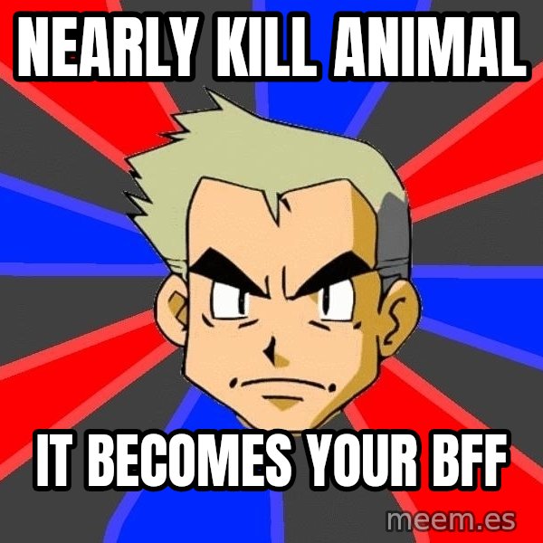 Professor Oak meme: NEARLY KILL ANIMAL / IT BECOMES YOUR BFF