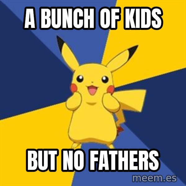 Pokemon Logic  meme: a bunch of kids / but no fathers