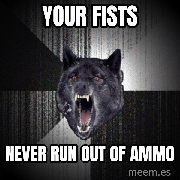 Insanity Wolf meme: Your fists / Never run out of ammo