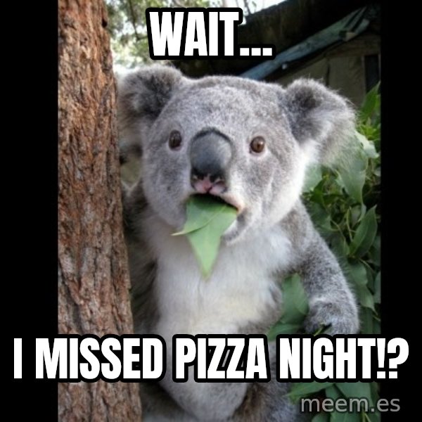 Koala can't believe it meme: WAit... / i missed pizza night!?