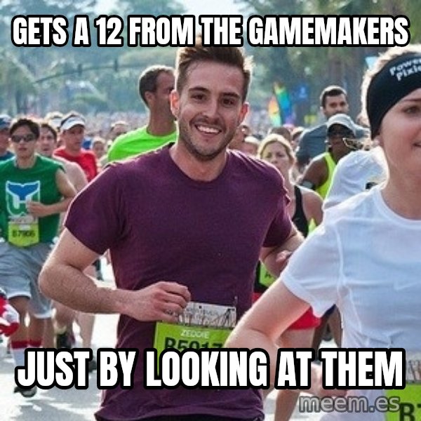 Ridiculously photogenic guy (Zeddie) meme: gets a 12 from the gamemakers / just by looking at them