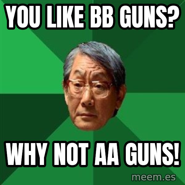 High Expectations Asian Father meme: you like bb guns? / why not aa guns!
