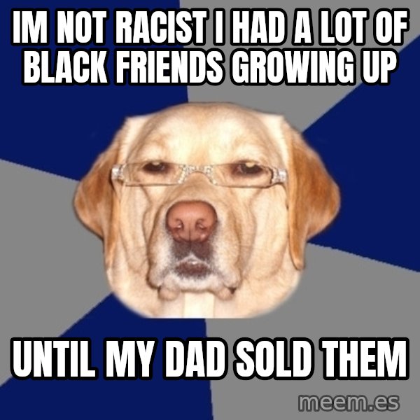 Racist Dawg meme: Im Not Racist I had a lot of black friends growing up / Until my dad sold them