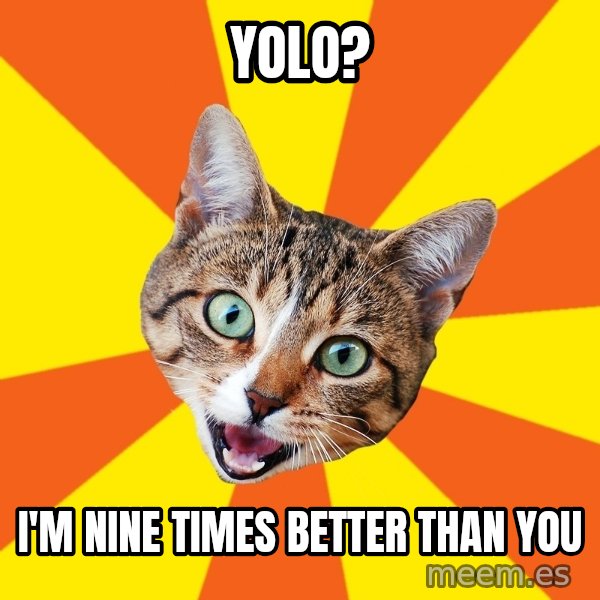 Bad Advice Cat meme: YOLO? / I'M NINE TIMES BETTER THAN YOU