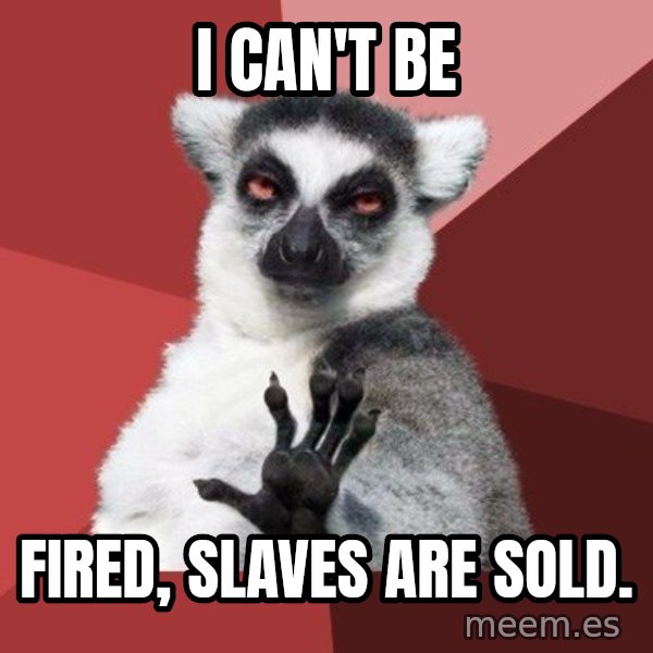 Chill Out Lemur meme: I CAN'T BE / FIRED, SLAVES ARE SOLD.