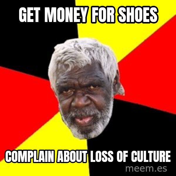 Aboriginal meme: get money for shoes / complain about loss of culture