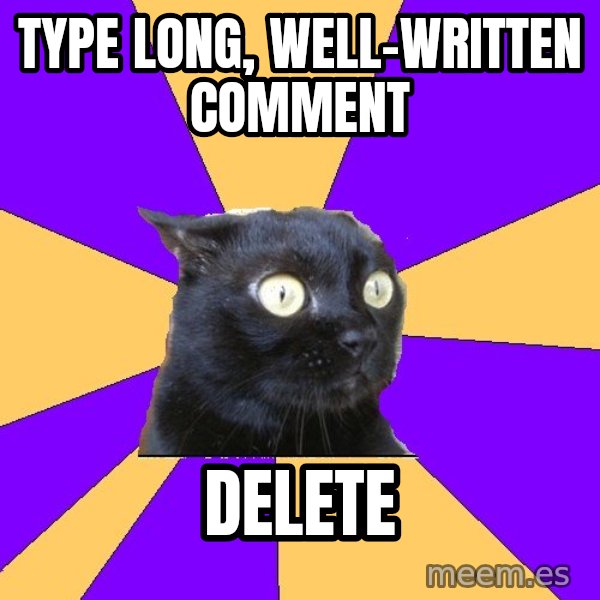 Anxiety Cat meme: type long, well-written comment / delete