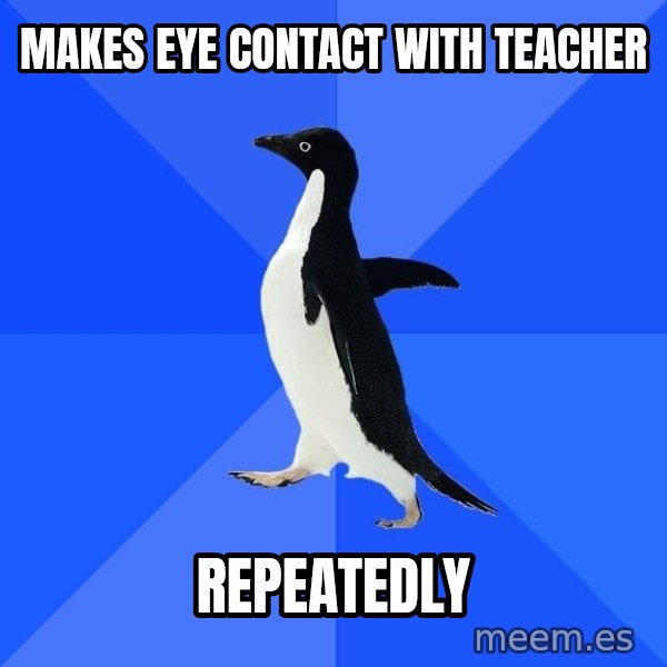 Socially Awkward Penguin meme: makes eye contact with teacher / repeatedly