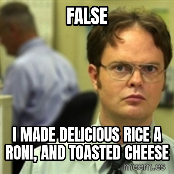 Dwight Schrute meme: false / I made delicious rice a roni, and toasted cheese