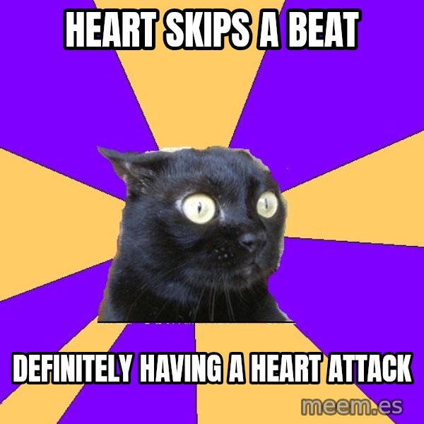 Anxiety Cat meme: heart skips a beat / definitely having a heart attack