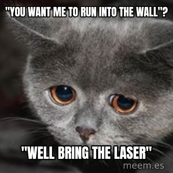 Sadcat meme: "you want me to run into the wall"? / "Well bring the laser"
