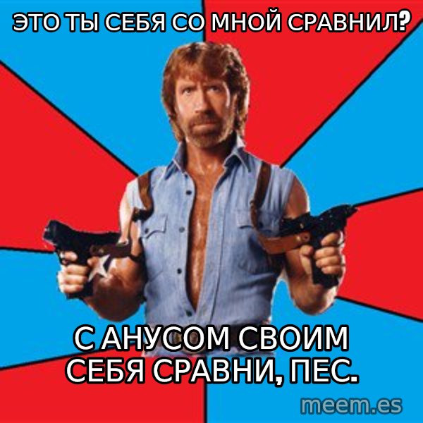 Chuck Norris  meme: Это ты себя со мной сравнил? / С анусом своим себя сравни, пес.