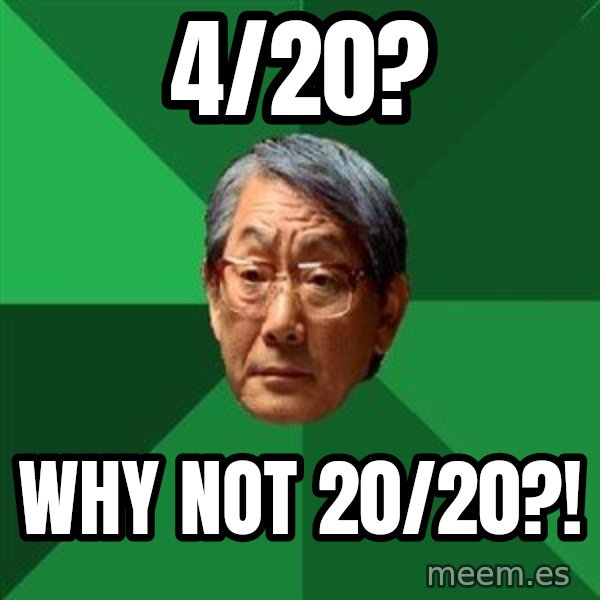High Expectations Asian Father meme: 4/20? / Why not 20/20?!