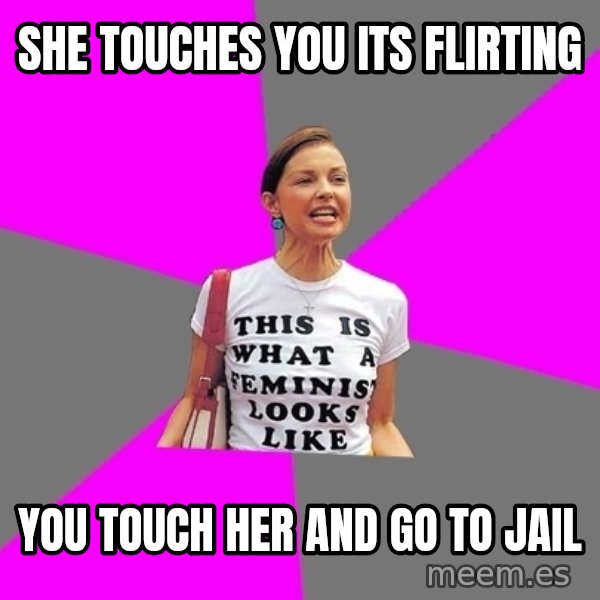Feminist Cunt meme: she touches you its flirting / you touch her and go to jail