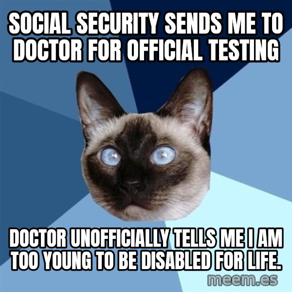 Chronic Illness Cat meme: SOCIAL SECURITY SENDS ME TO DOCTOR FOR OFFICIAL TESTING / DOCTOR UNOFFICIALLY TELLS ME i AM TOO YOUNG TO BE DISABLED FOR LIFE.