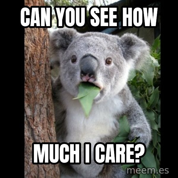 Koala can't believe it meme: Can you see how / Much I care?