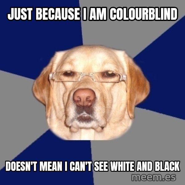 Racist Dawg meme: Just because I am colourblind / Doesn't mean I can't see white and black