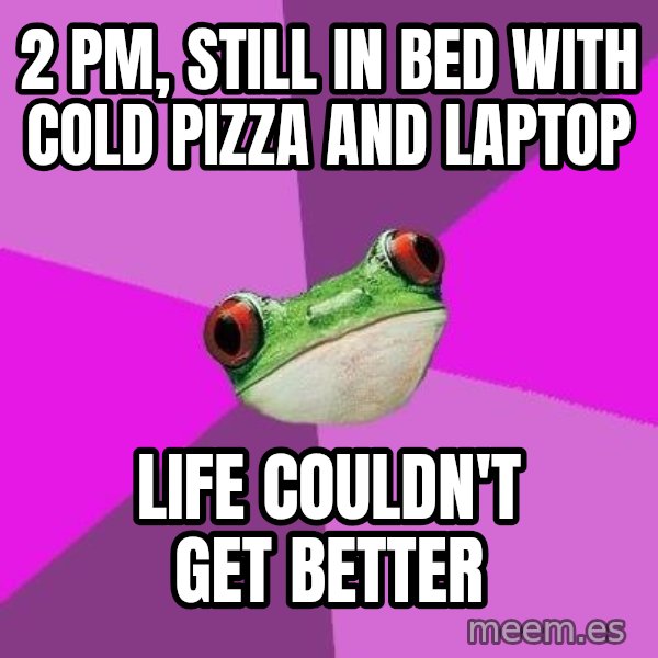 Foul Bachelorette Frog meme: 2 PM, still in bed with cold pizza and laptop / life couldn't get better