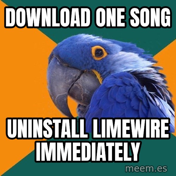 Paranoid Parrot meme: Download one song / Uninstall limewire immediately