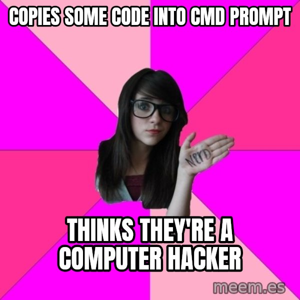 Idiot Nerd Girl meme: Copies some code into cmd prompt / thinks they're a computer hacker