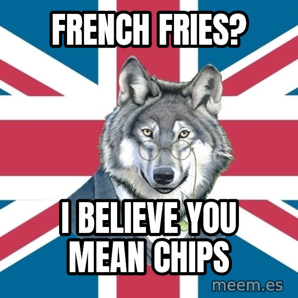 Sir Courage Wolf Esquire meme: French Fries? / I believe you mean Chips