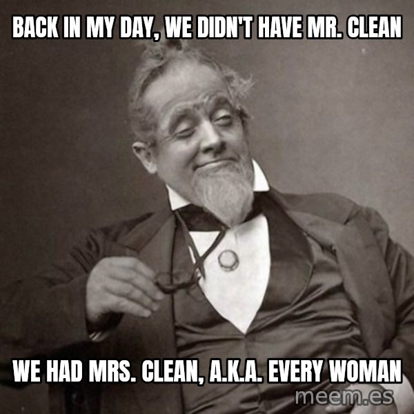 1889 [10] guy meme: back in my day, we didn't have mr. clean / we had mrs. clean, a.k.a. every woman
