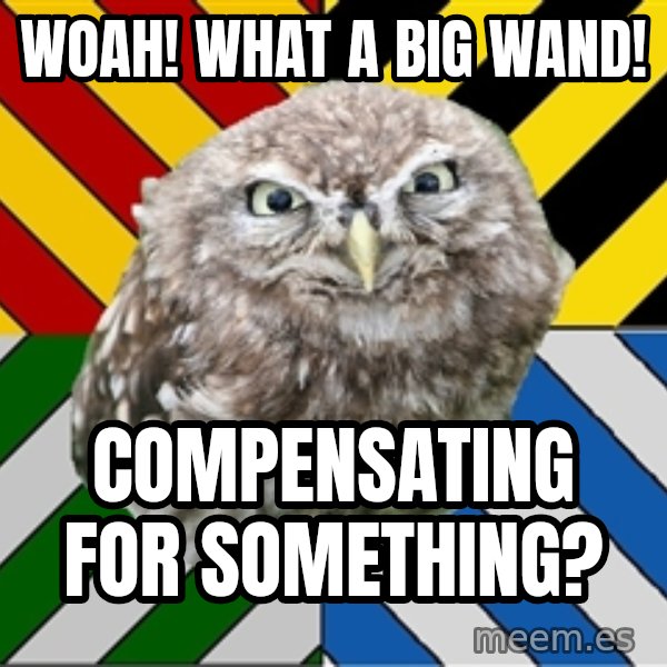 JEALOUS POTTEROMAN meme: Woah! what a big wand! / compensating for something?