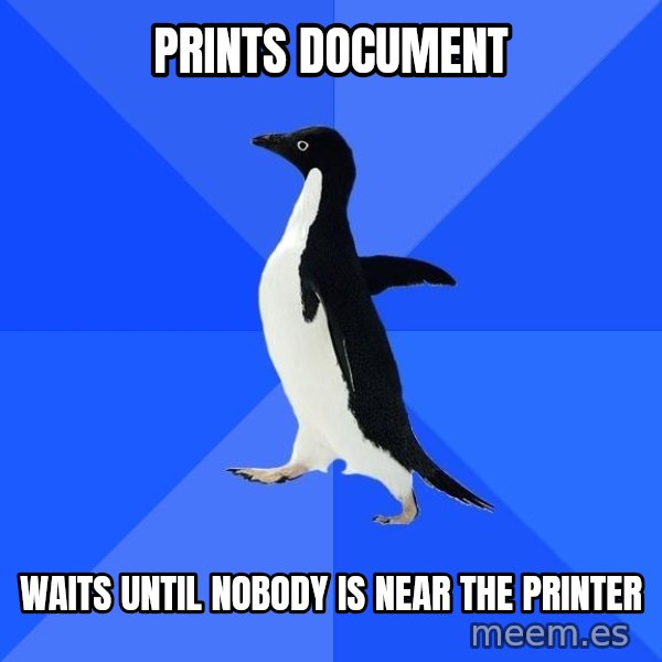 Socially Awkward Penguin meme: PRINTS DOCUMENT / WAITS UNTIL NOBODY IS NEAR THE PRINTER