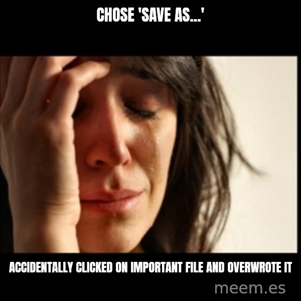 First World Problems meme: CHOSE 'SAVE AS...' / ACCIDENTALLY CLICKED ON IMPORTANT FILE AND OVERWROTE IT